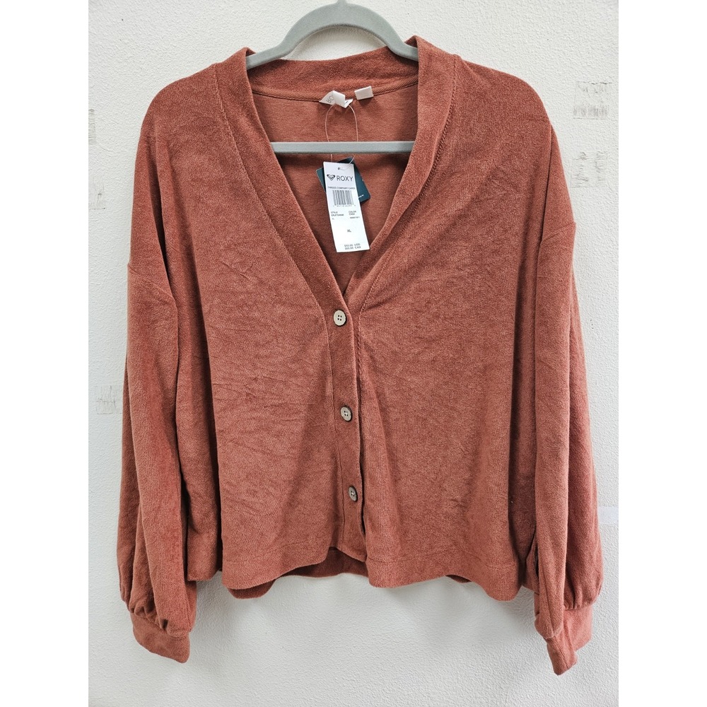 Roxy Long Sleeve Three's Comany Terry Cloth Rust Cropped Cardigan Xl NWT